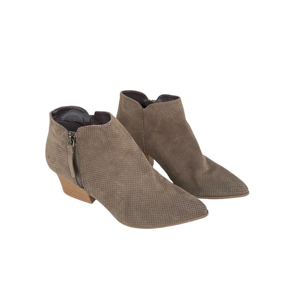 Women Pointed Toe Mid Wooden Stacked Heel Ankle Bootie| Nava Taupe Faux Suede Po